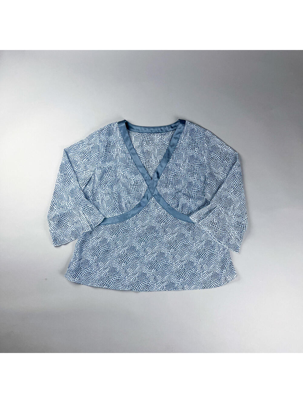 Y2K Blue Patterned Long Sleeve Sheer Blouse with Satin Trim